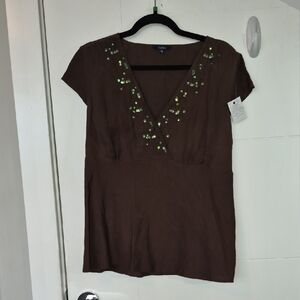 Reitmans Brown V-Neck Top with Green Sequin Detail